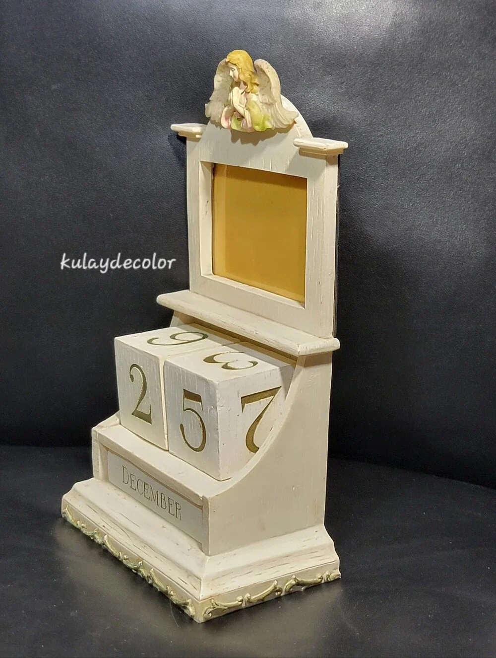 Vintage Praying Angel Perpetual Block Calendar Photo Frame Desk Distressed Decor